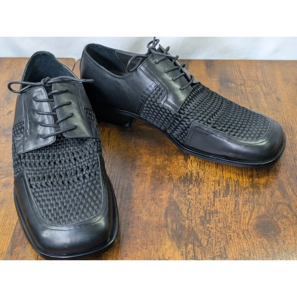 Vito Rufolo Italy Mens Woven Leather Dress Shoes Black Square Toe Derby Size 42